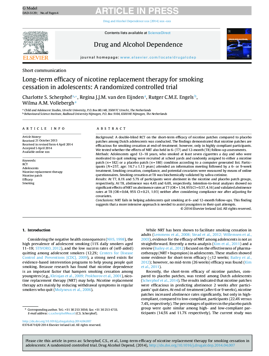 Long-term efficacy of nicotine replacement therapy for smoking cessation in adolescents: A randomized controlled trial