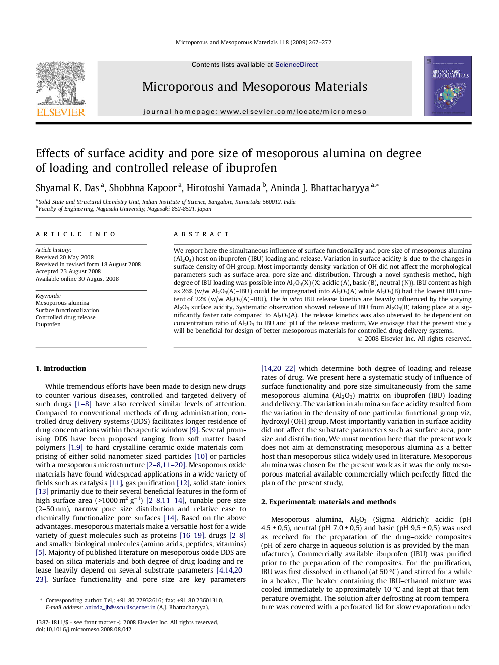 Effects of surface acidity and pore size of mesoporous alumina on degree of loading and controlled release of ibuprofen