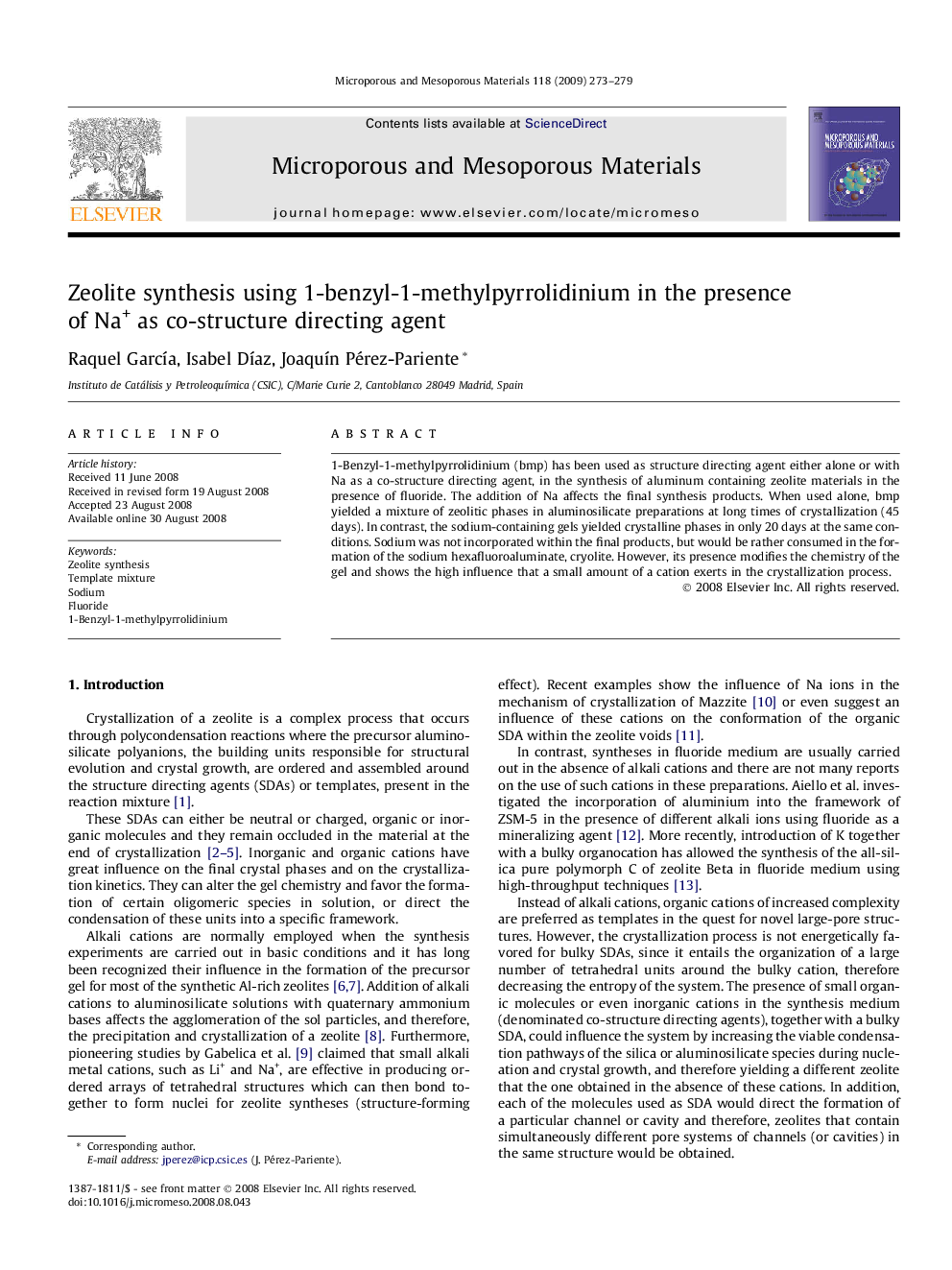 Zeolite synthesis using 1-benzyl-1-methylpyrrolidinium in the presence of Na+ as co-structure directing agent