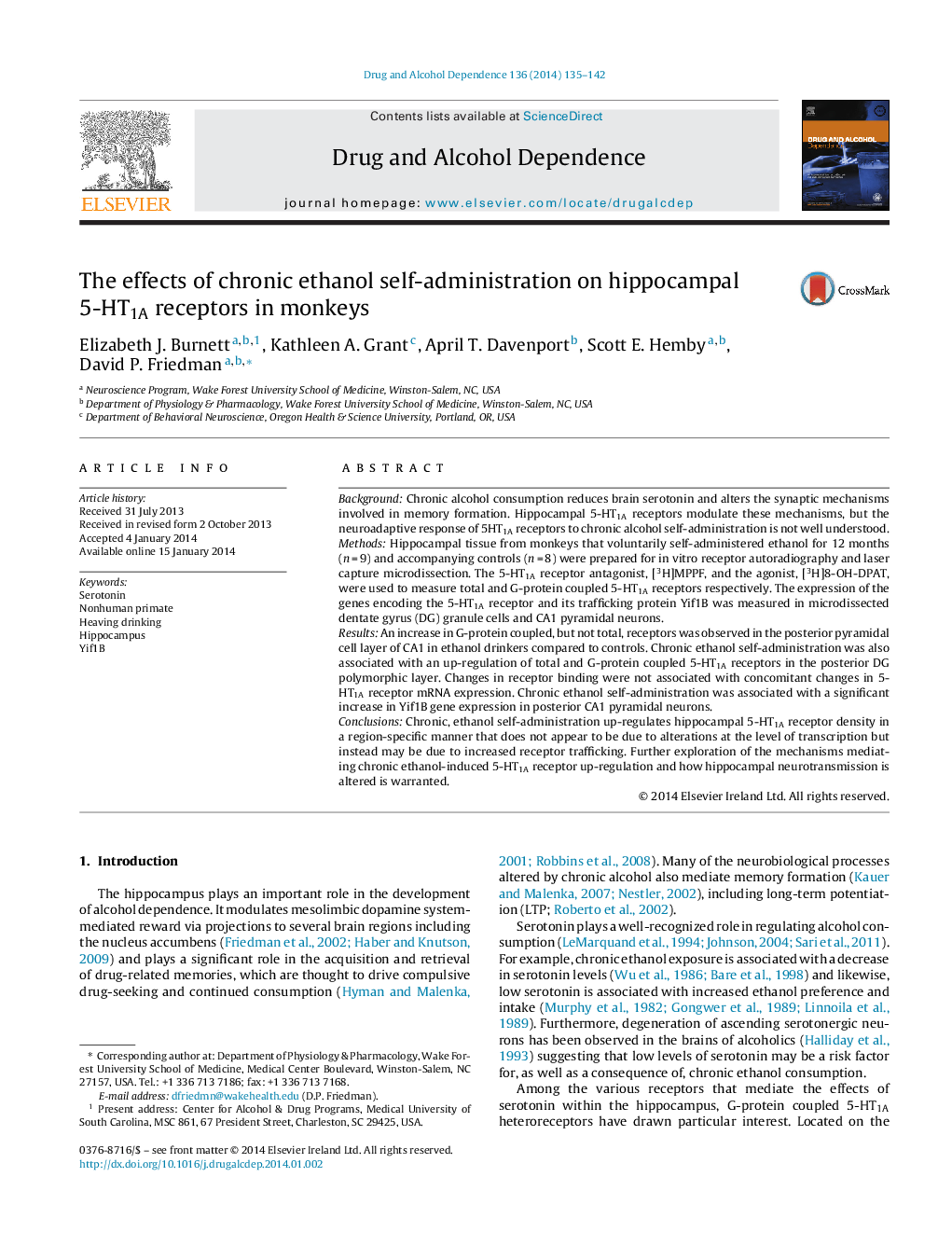 The effects of chronic ethanol self-administration on hippocampal 5-HT1A receptors in monkeys