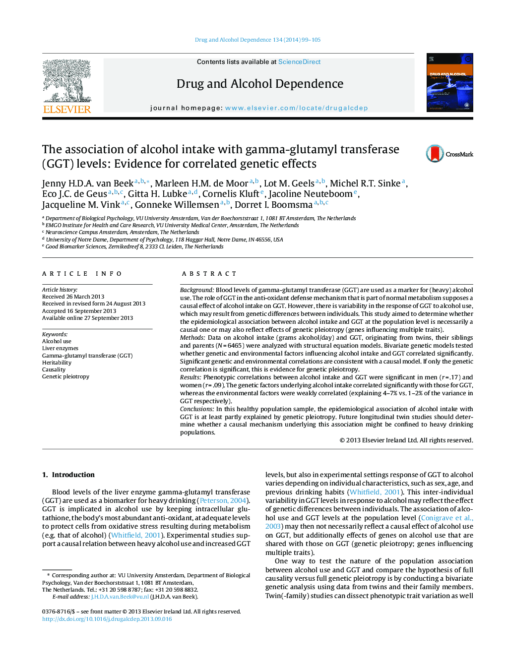 The association of alcohol intake with gamma-glutamyl transferase (GGT) levels: Evidence for correlated genetic effects