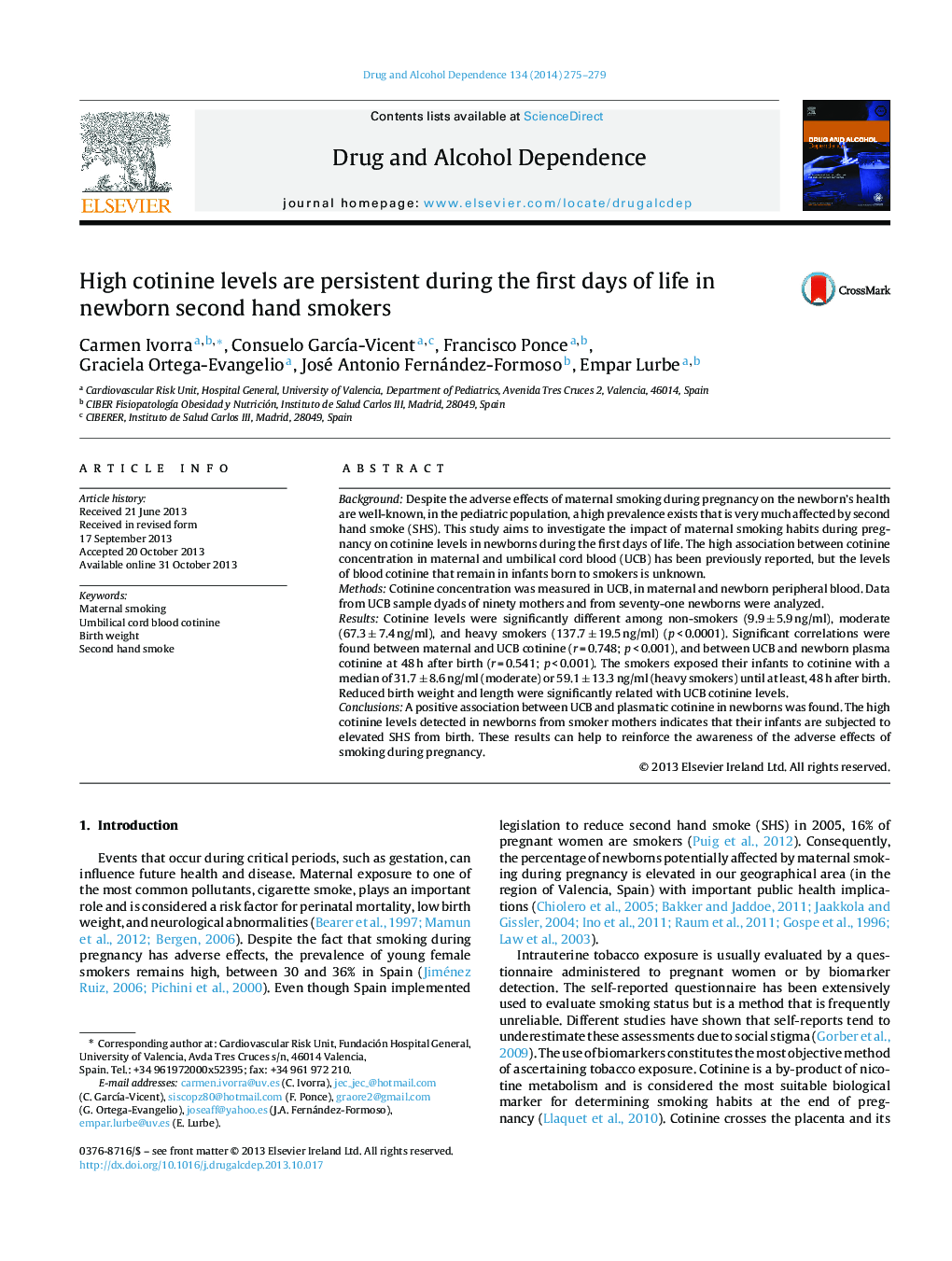 High cotinine levels are persistent during the first days of life in newborn second hand smokers