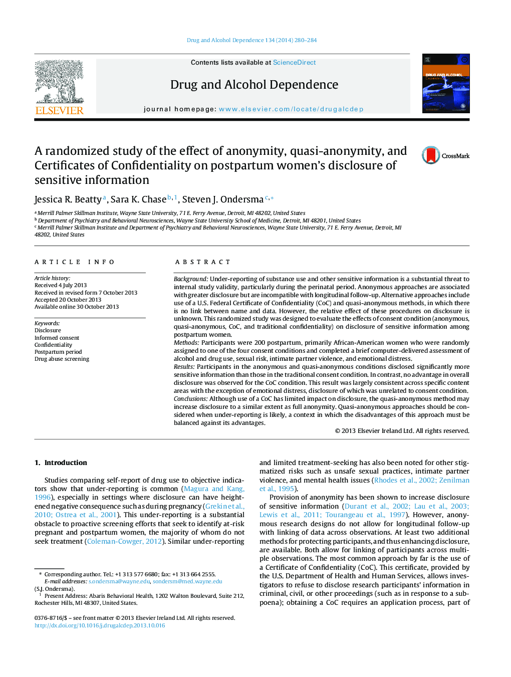 A randomized study of the effect of anonymity, quasi-anonymity, and Certificates of Confidentiality on postpartum women's disclosure of sensitive information