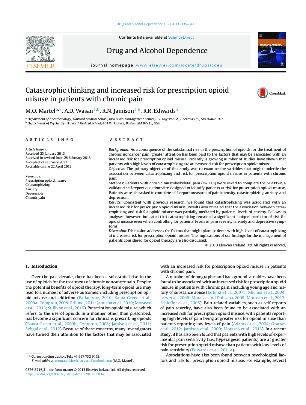 Catastrophic thinking and increased risk for prescription opioid misuse in patients with chronic pain