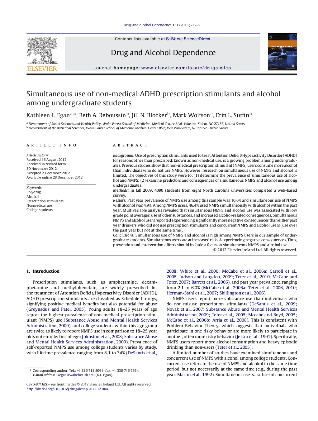 Simultaneous use of non-medical ADHD prescription stimulants and alcohol among undergraduate students