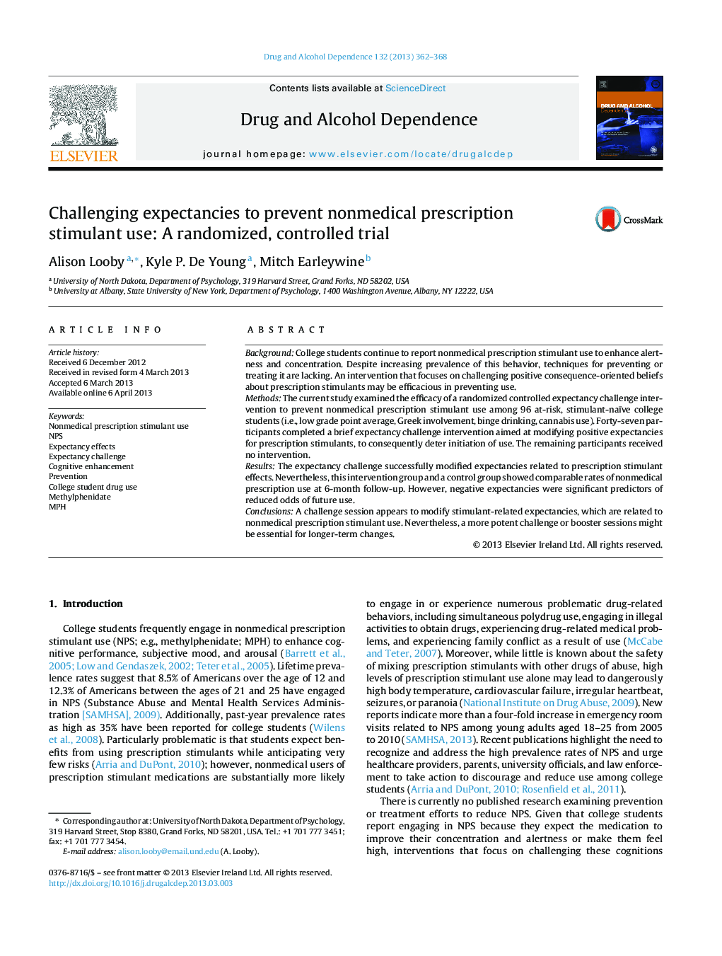 Challenging expectancies to prevent nonmedical prescription stimulant use: A randomized, controlled trial