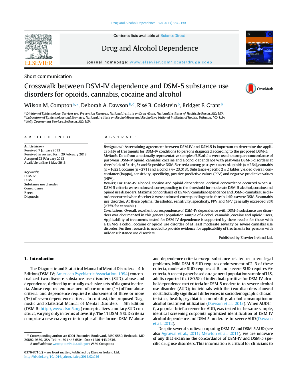 Crosswalk between DSM-IV dependence and DSM-5 substance use disorders for opioids, cannabis, cocaine and alcohol