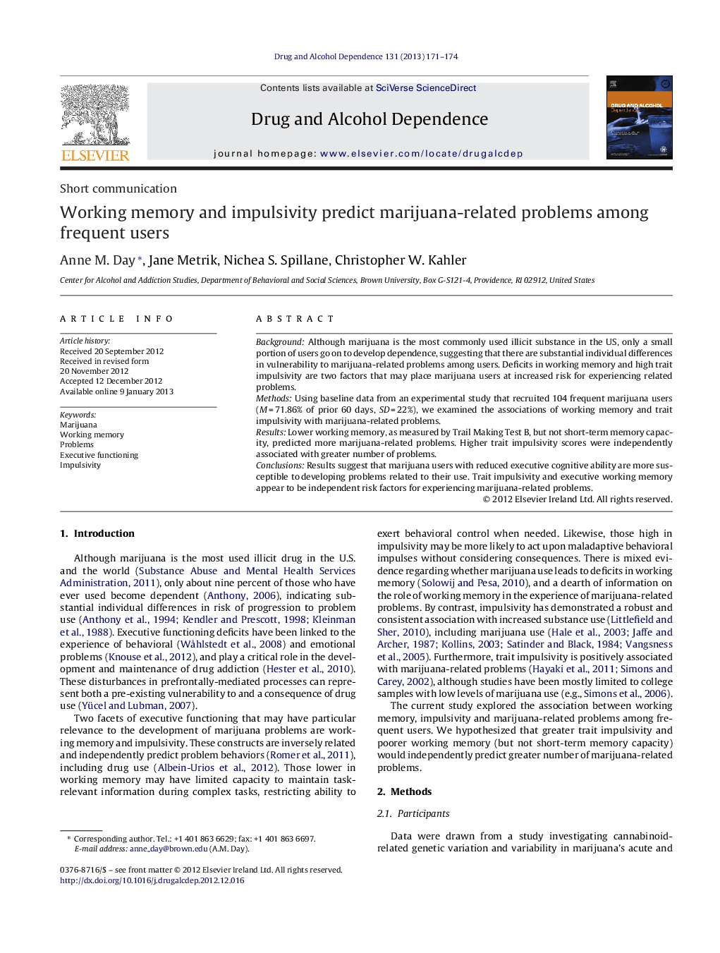 Working memory and impulsivity predict marijuana-related problems among frequent users