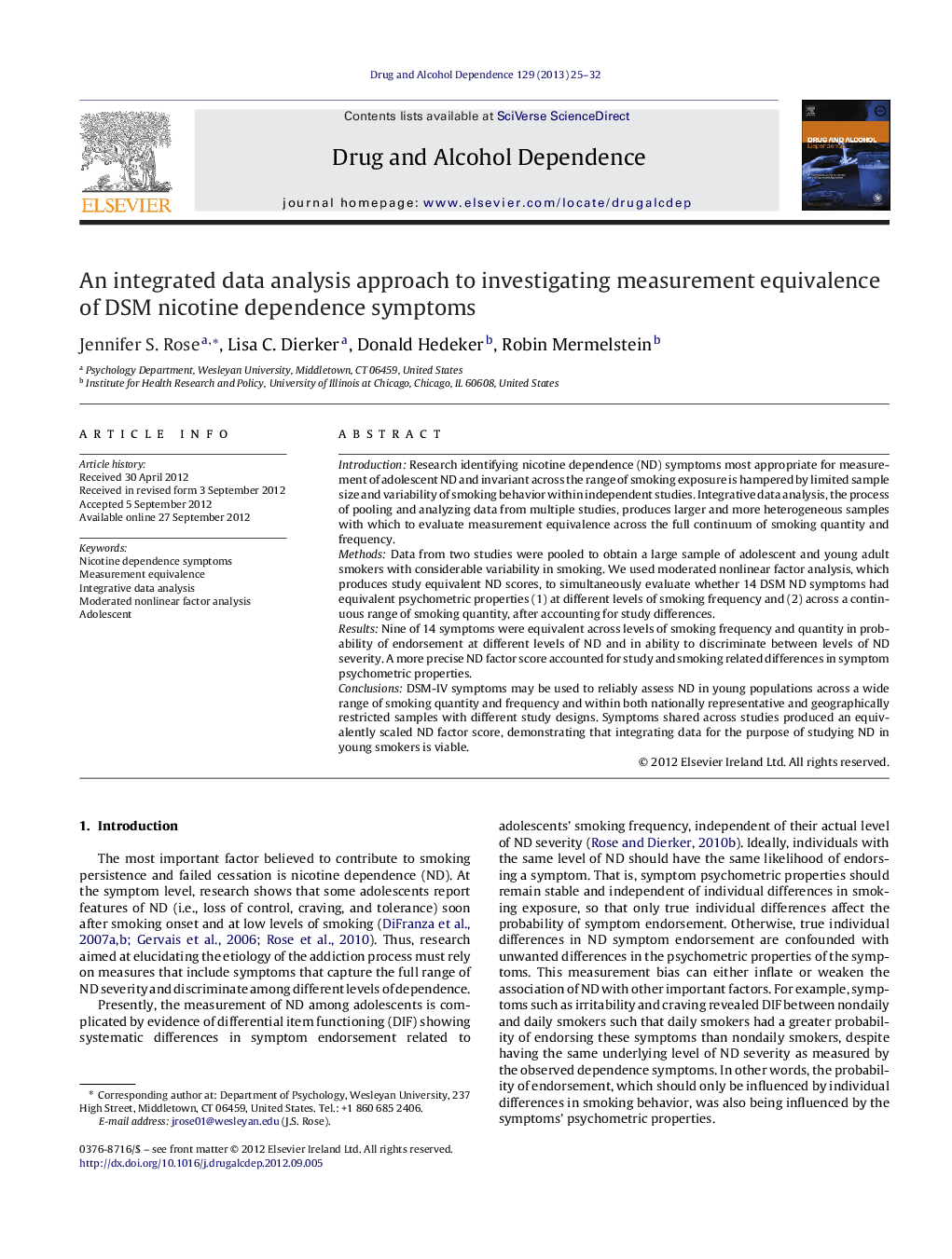 An integrated data analysis approach to investigating measurement equivalence of DSM nicotine dependence symptoms