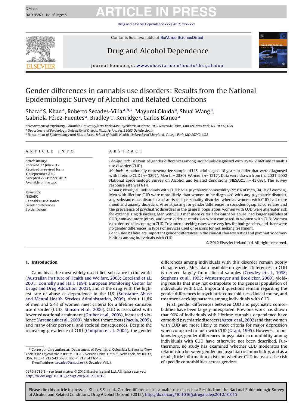 Gender differences in cannabis use disorders: Results from the National Epidemiologic Survey of Alcohol and Related Conditions