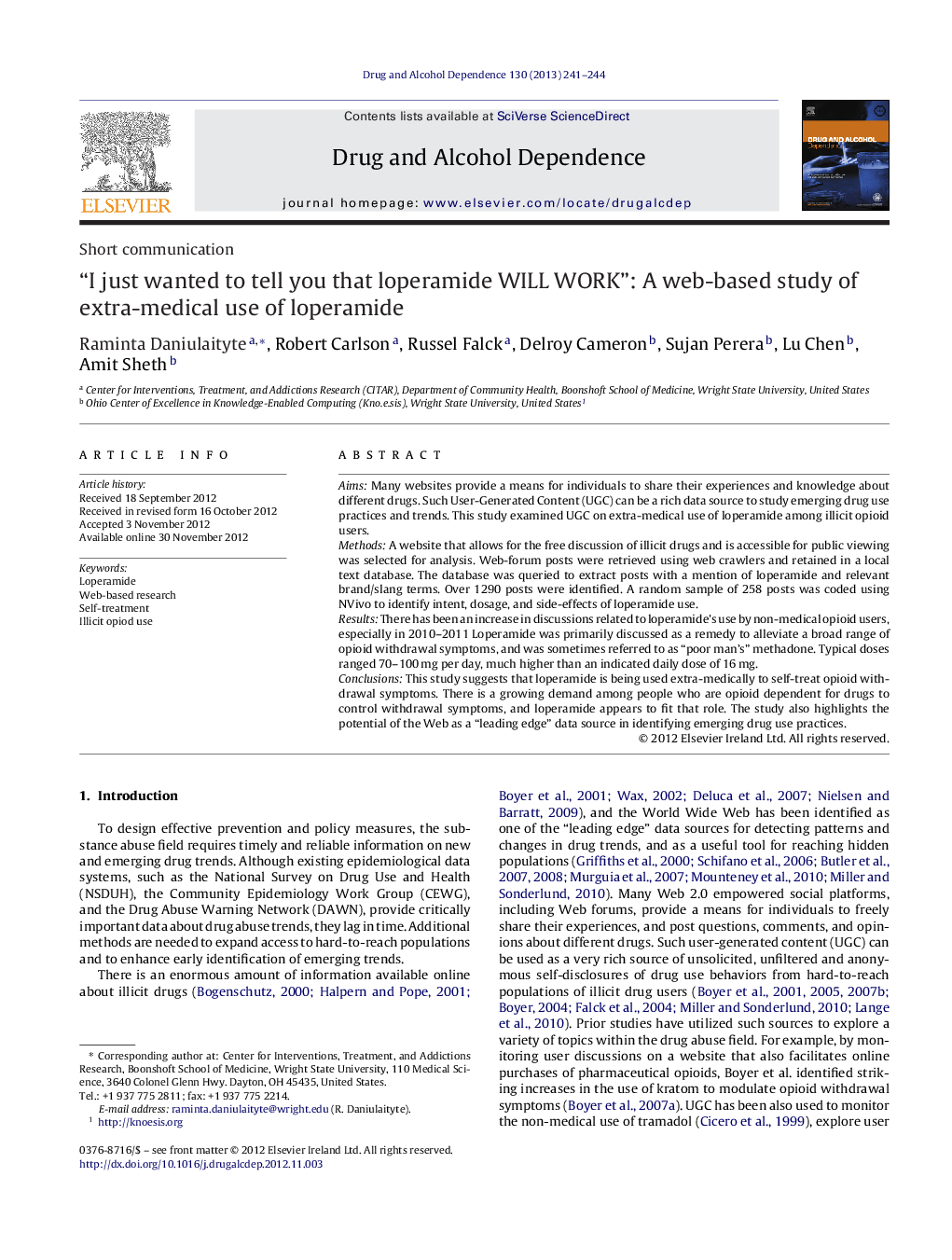 “I just wanted to tell you that loperamide WILL WORK”: A web-based study of extra-medical use of loperamide