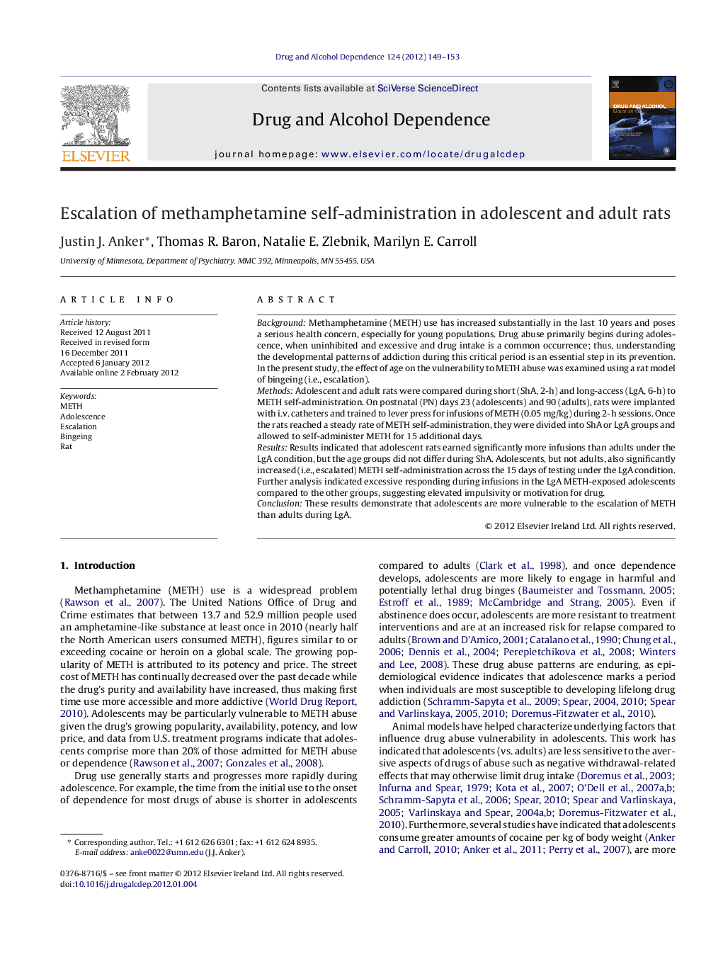 Escalation of methamphetamine self-administration in adolescent and adult rats