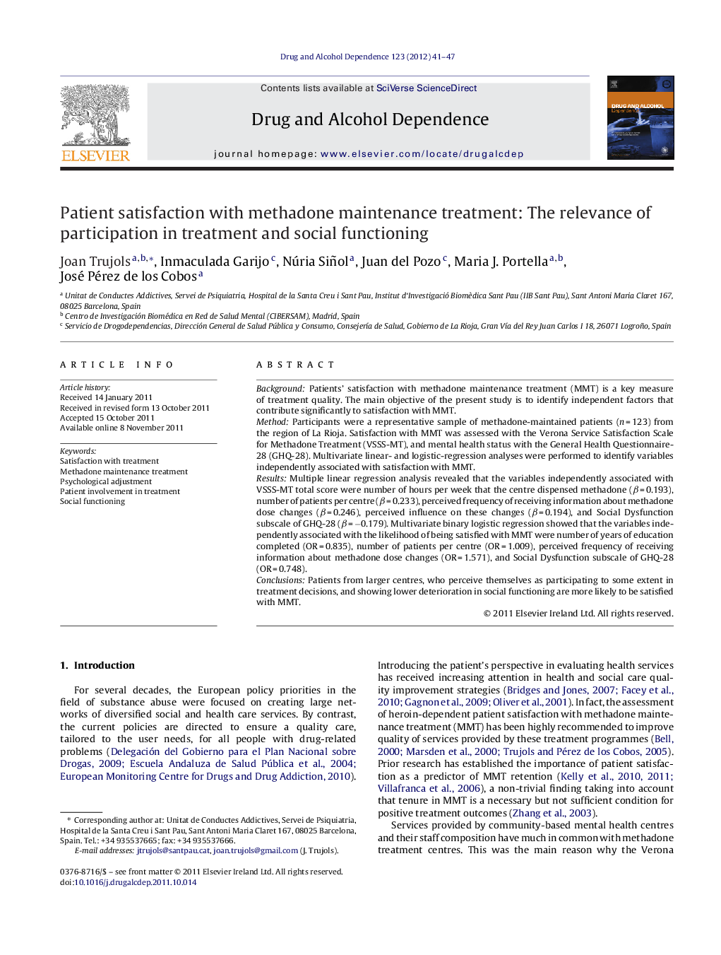 Patient satisfaction with methadone maintenance treatment: The relevance of participation in treatment and social functioning