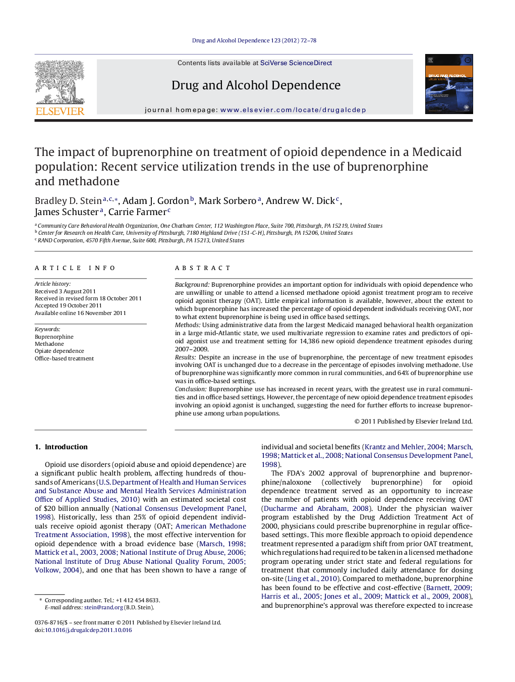 عکس صفحه اول مقاله: The impact of buprenorphine on treatment of opioid dependence in a Medicaid population: Recent service utilization trends in the use of buprenorphine and methadone The impact of buprenorphine on treatment of opioid dependence in a Medicaid population: Recent service utilization trends in the use of buprenorphine and methadone