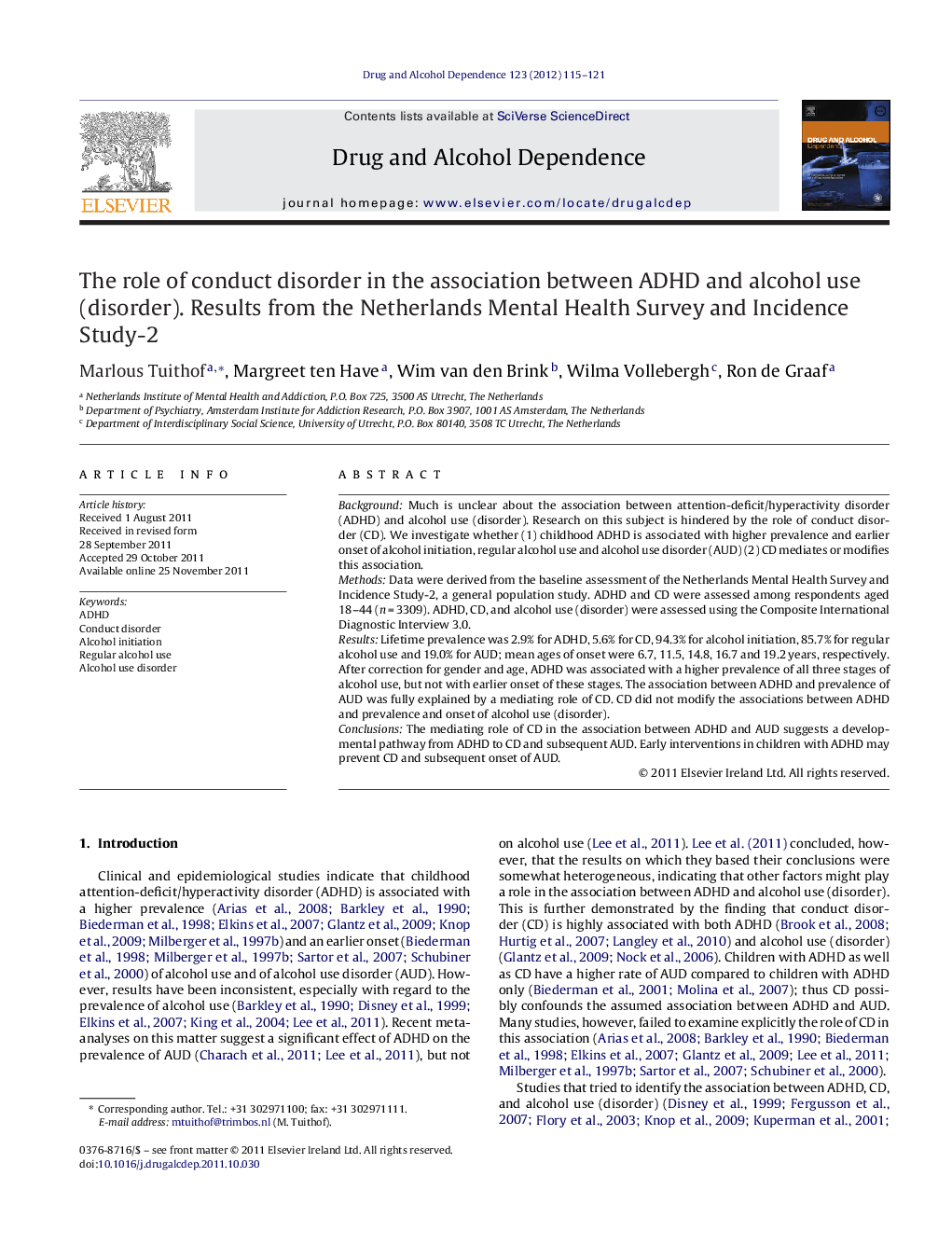 The role of conduct disorder in the association between ADHD and alcohol use (disorder). Results from the Netherlands Mental Health Survey and Incidence Study-2