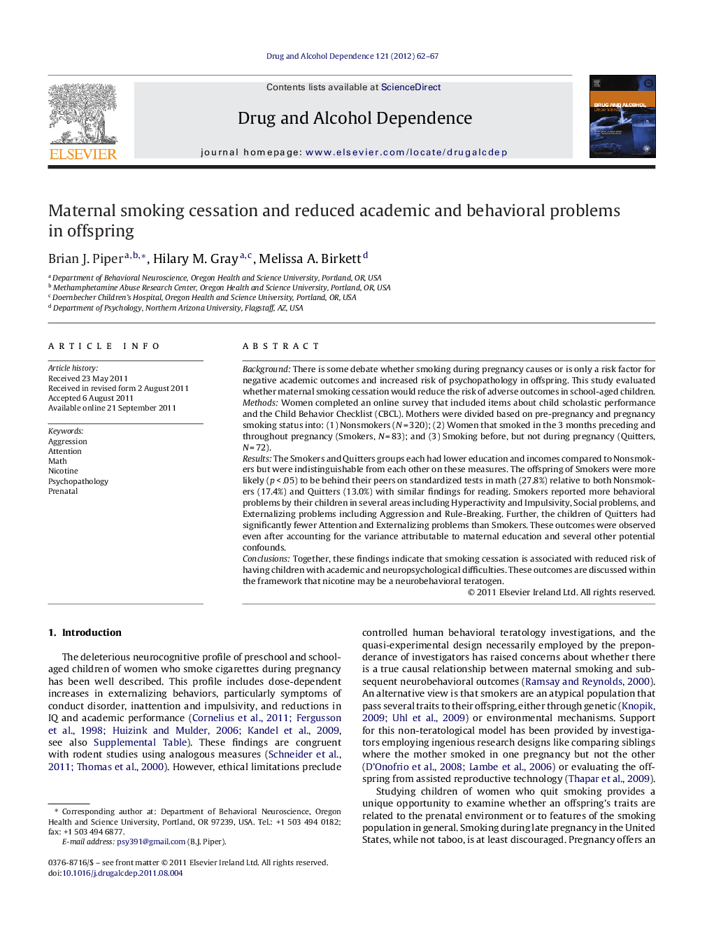 Maternal smoking cessation and reduced academic and behavioral problems in offspring