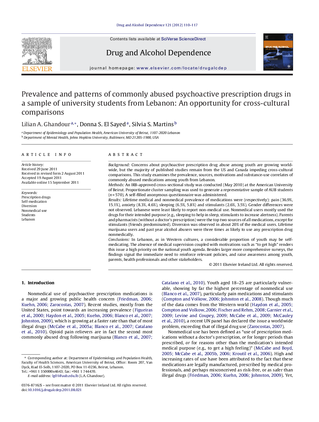 Prevalence and patterns of commonly abused psychoactive prescription drugs in a sample of university students from Lebanon: An opportunity for cross-cultural comparisons