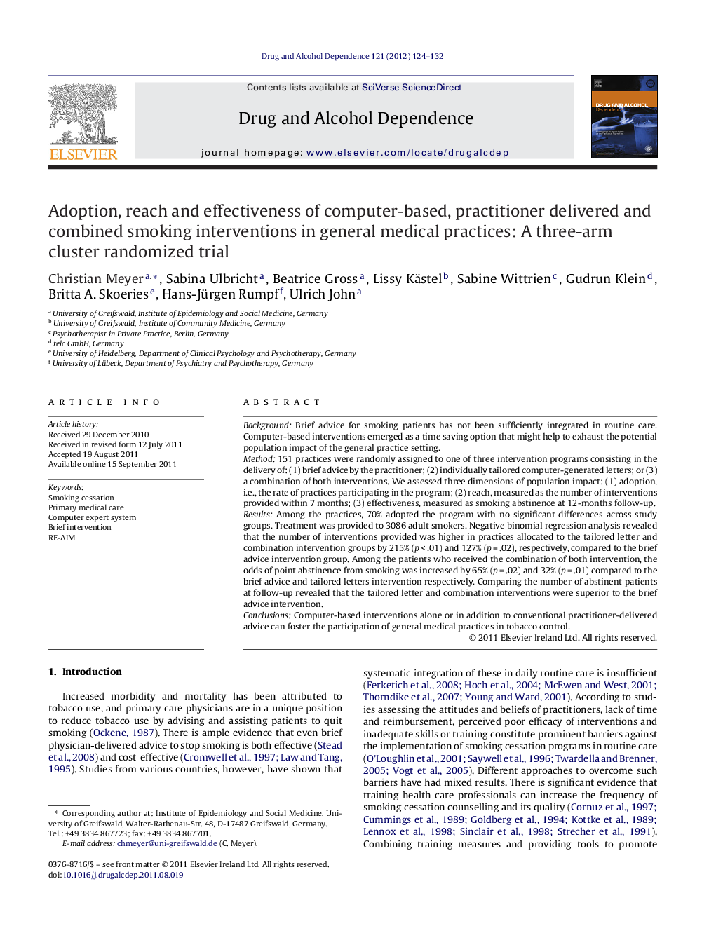 Adoption, reach and effectiveness of computer-based, practitioner delivered and combined smoking interventions in general medical practices: A three-arm cluster randomized trial