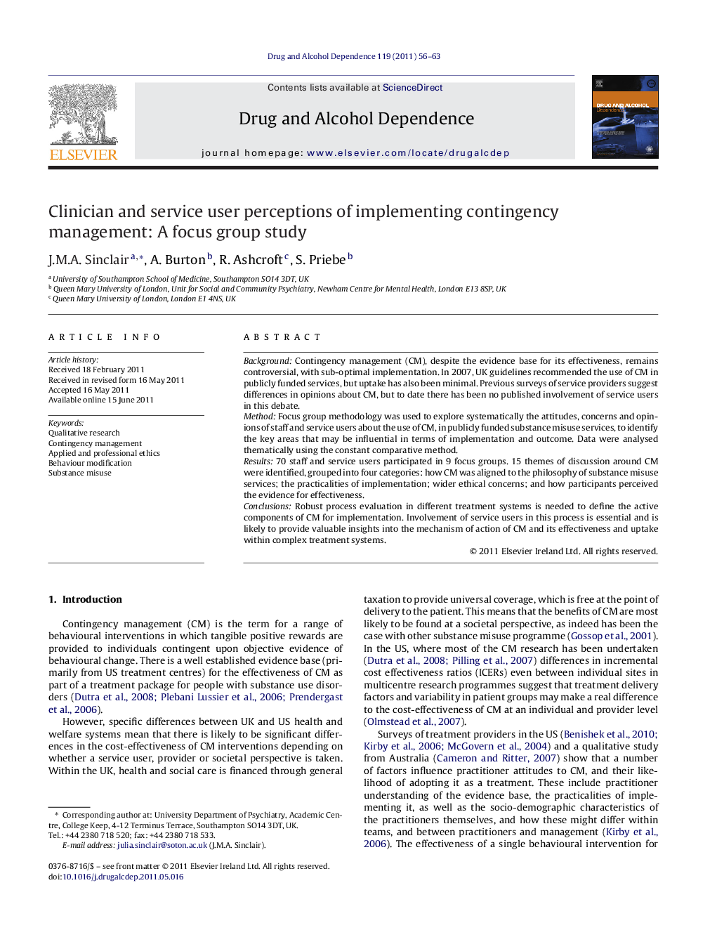 Clinician and service user perceptions of implementing contingency management: A focus group study