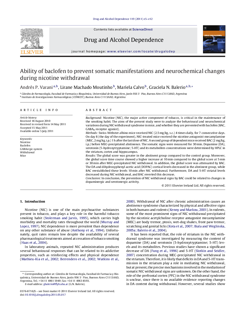 Ability of baclofen to prevent somatic manifestations and neurochemical changes during nicotine withdrawal