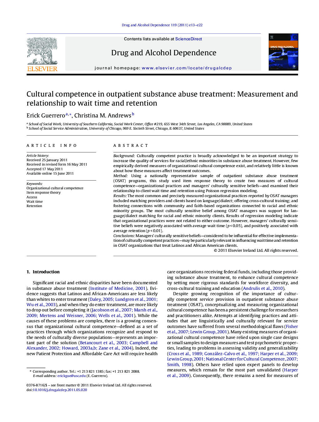 Cultural competence in outpatient substance abuse treatment: Measurement and relationship to wait time and retention