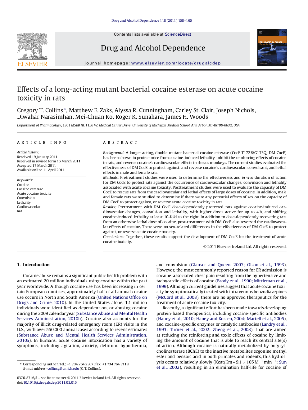 Effects of a long-acting mutant bacterial cocaine esterase on acute cocaine toxicity in rats