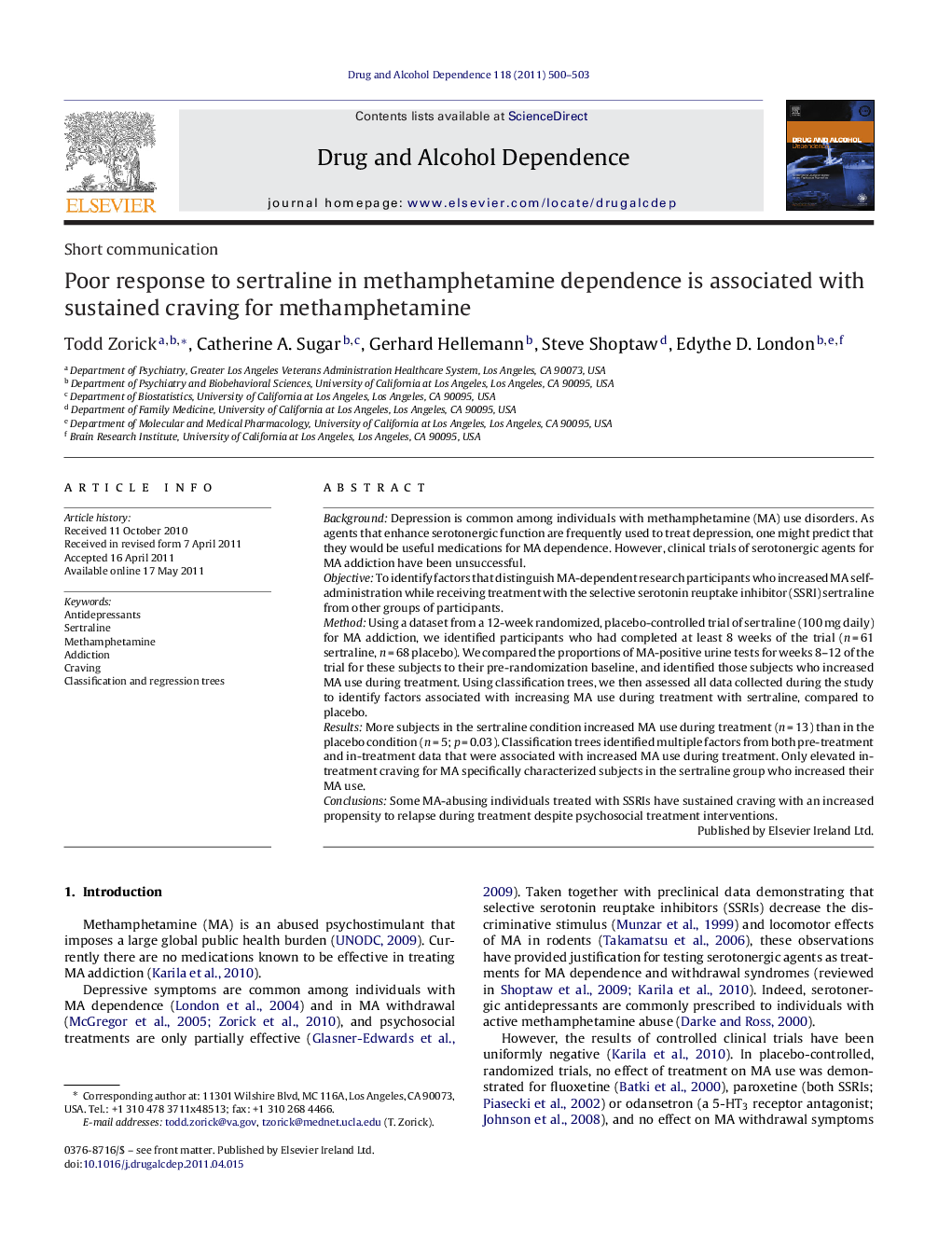 Poor response to sertraline in methamphetamine dependence is associated with sustained craving for methamphetamine