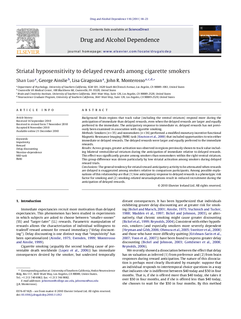 Striatal hyposensitivity to delayed rewards among cigarette smokers