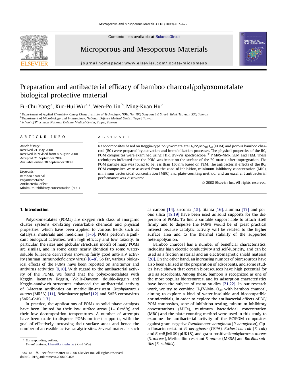 Preparation and antibacterial efficacy of bamboo charcoal/polyoxometalate biological protective material