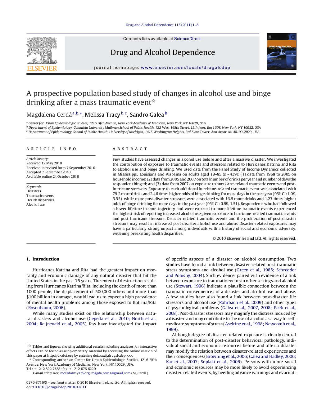 A prospective population based study of changes in alcohol use and binge drinking after a mass traumatic event