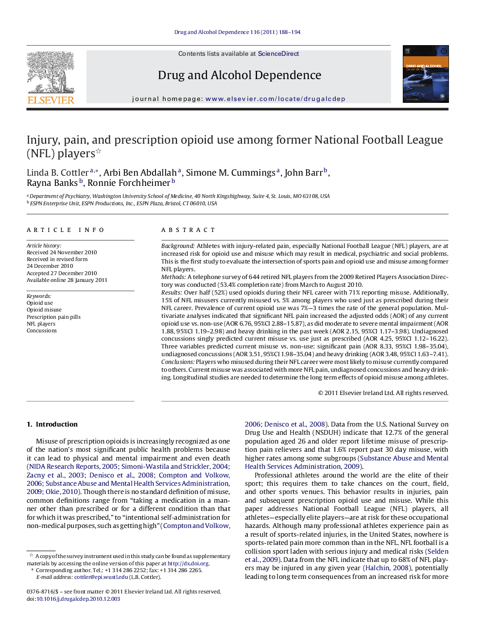 Injury, pain, and prescription opioid use among former National Football League (NFL) players