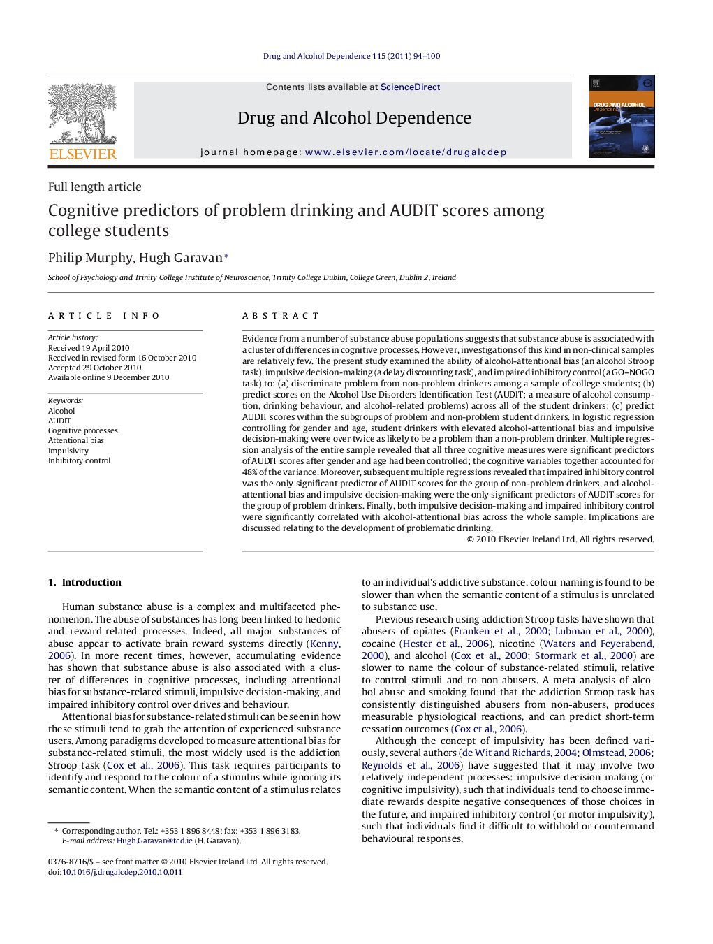 Cognitive predictors of problem drinking and AUDIT scores among college students