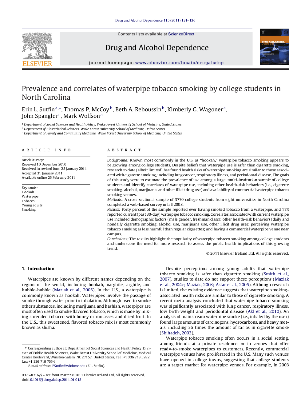 Prevalence and correlates of waterpipe tobacco smoking by college students in North Carolina