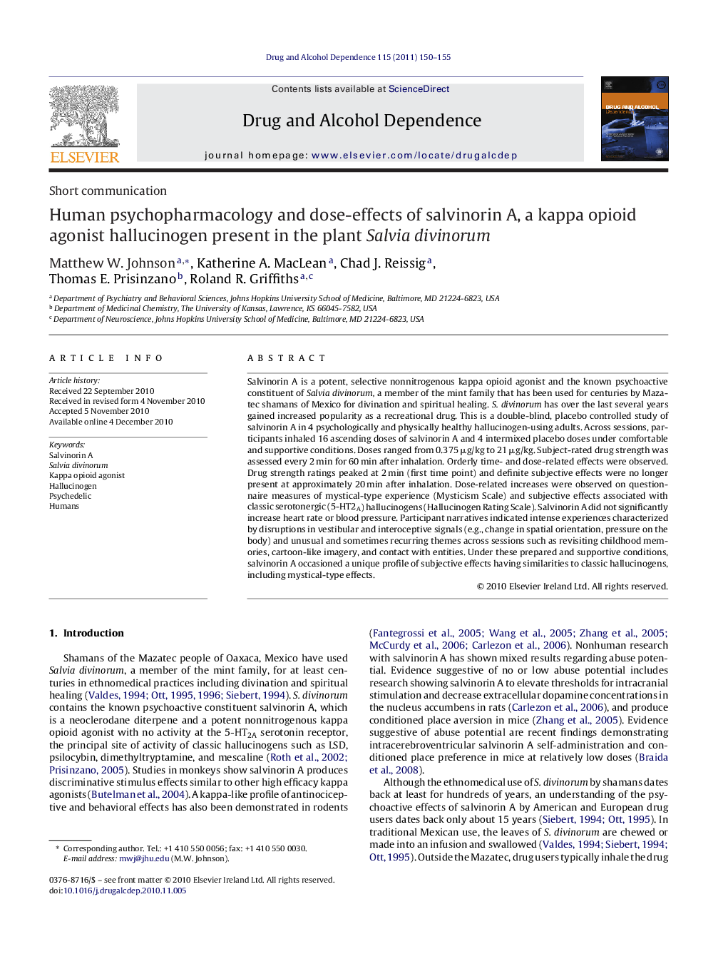 Human psychopharmacology and dose-effects of salvinorin A, a kappa opioid agonist hallucinogen present in the plant Salvia divinorum