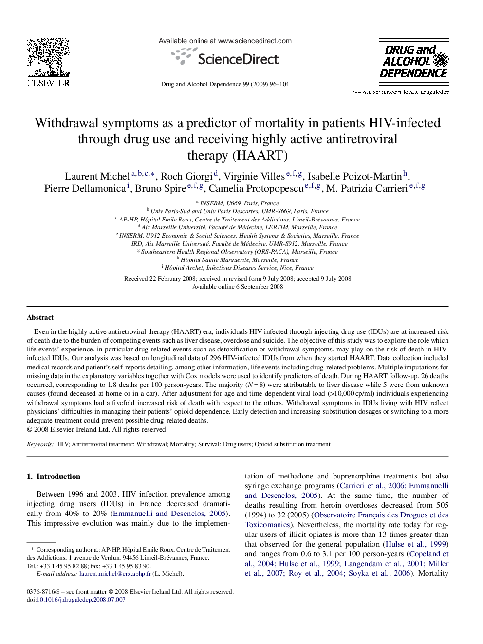 Withdrawal symptoms as a predictor of mortality in patients HIV-infected through drug use and receiving highly active antiretroviral therapy (HAART)