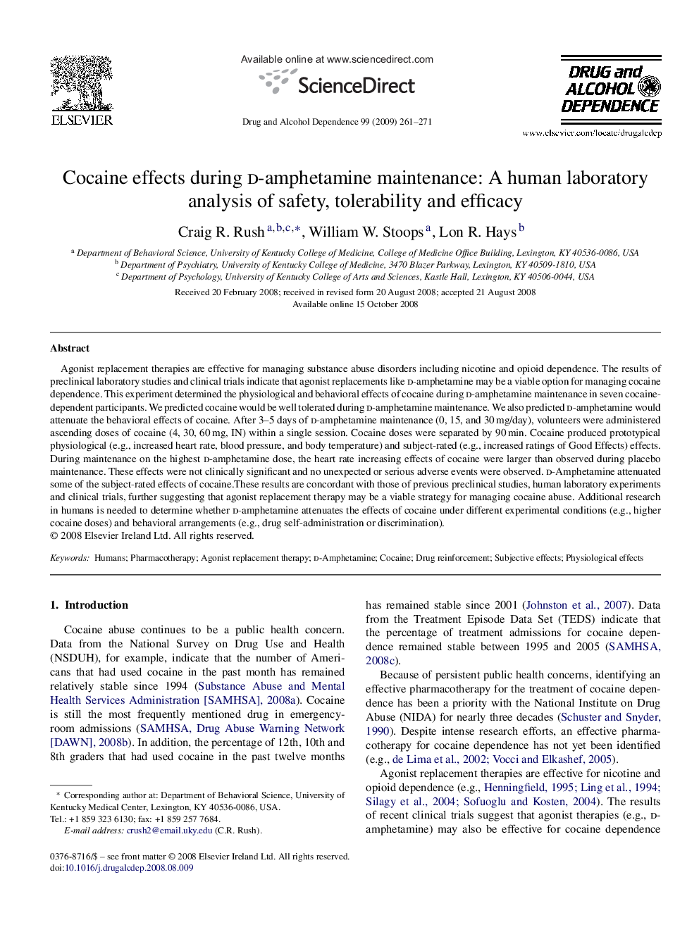 Cocaine effects during d-amphetamine maintenance: A human laboratory analysis of safety, tolerability and efficacy