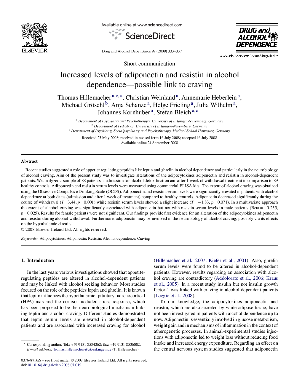 Increased levels of adiponectin and resistin in alcohol dependence-possible link to craving