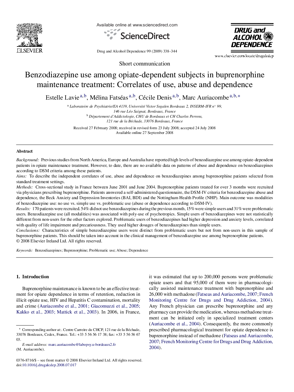 عکس صفحه اول مقاله: Benzodiazepine use among opiate-dependent subjects in buprenorphine maintenance treatment: Correlates of use, abuse and dependence Benzodiazepine use among opiate-dependent subjects in buprenorphine maintenance treatment: Correlates of use, abuse and dependence