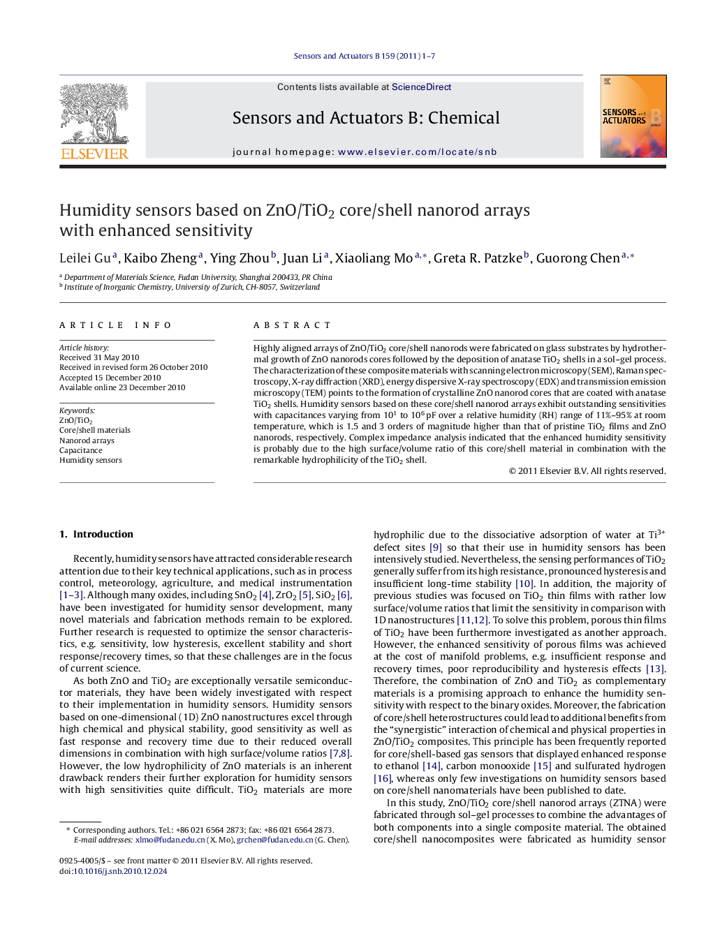 Humidity sensors based on ZnO/TiO2 core/shell nanorod arrays with enhanced sensitivity