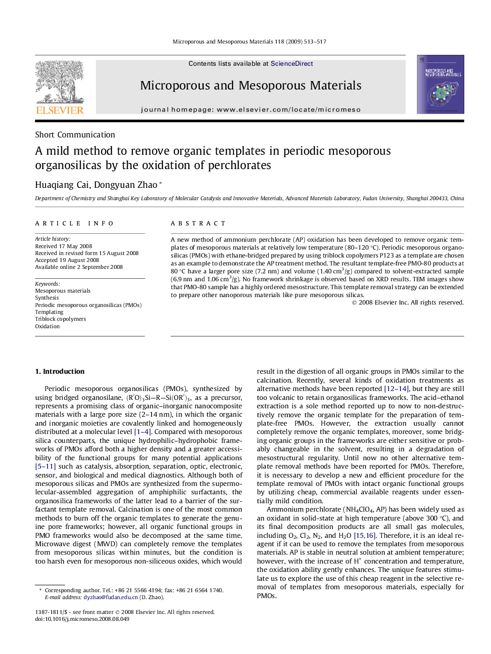 A mild method to remove organic templates in periodic mesoporous organosilicas by the oxidation of perchlorates