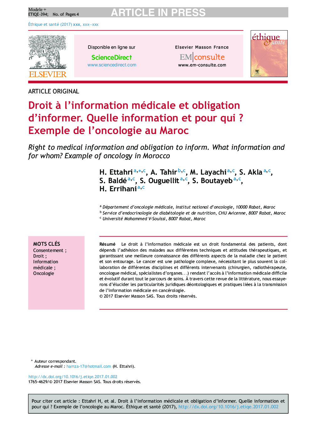 Droit Ã  l'information médicale et obligation d'informer. Quelle information et pour quiÂ ? Exemple de l'oncologie au Maroc