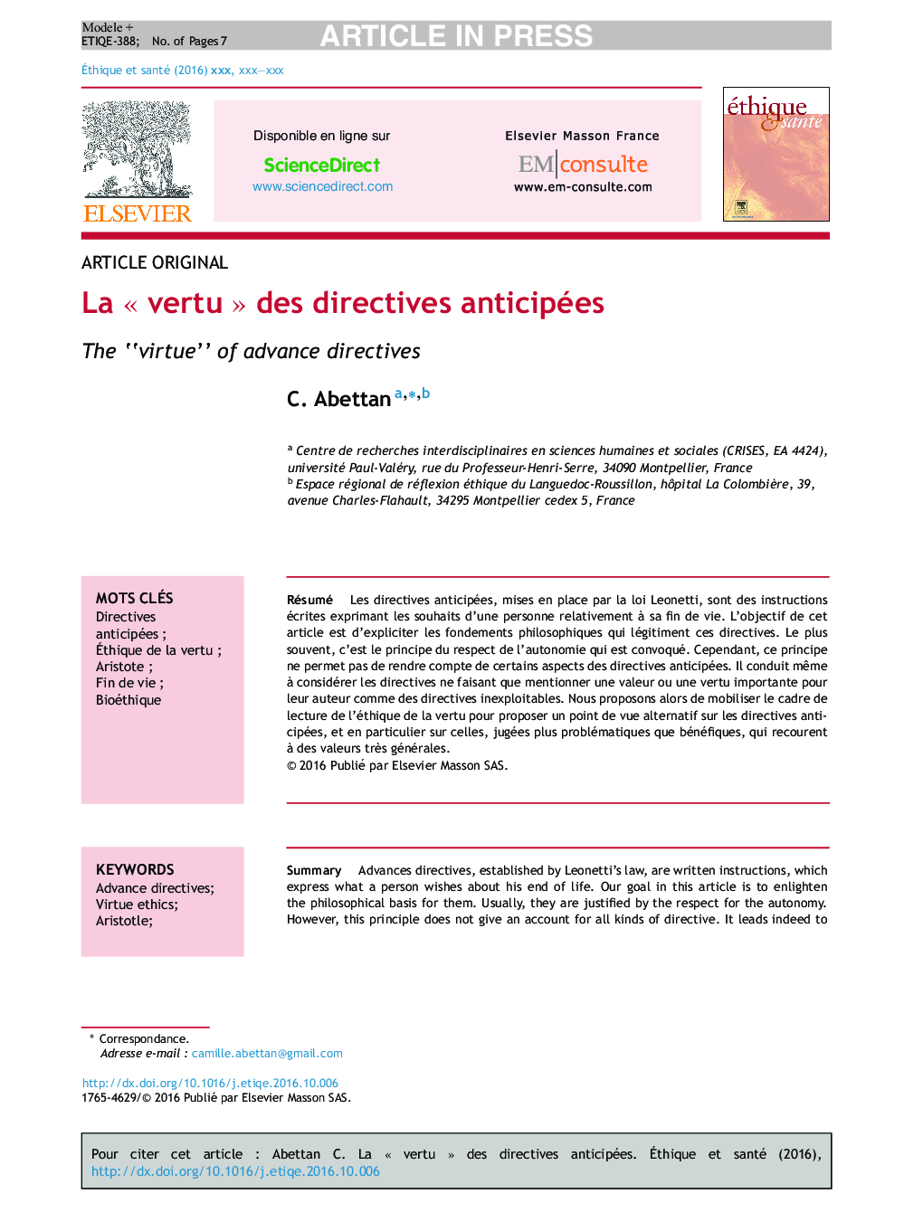 La Â«Â vertuÂ Â» des directives anticipées