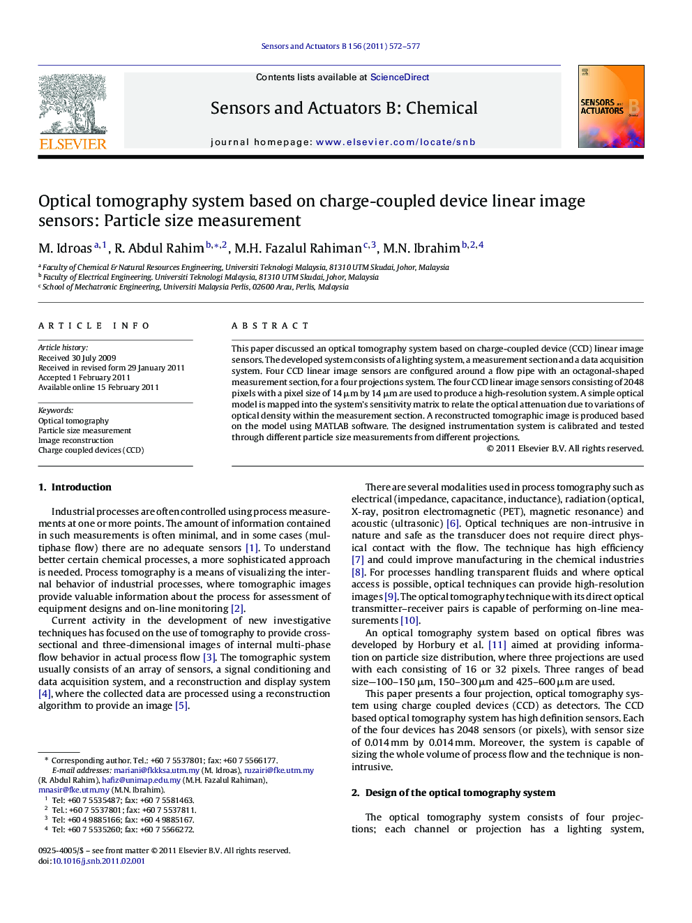 Optical tomography system based on charge-coupled device linear image sensors: Particle size measurement