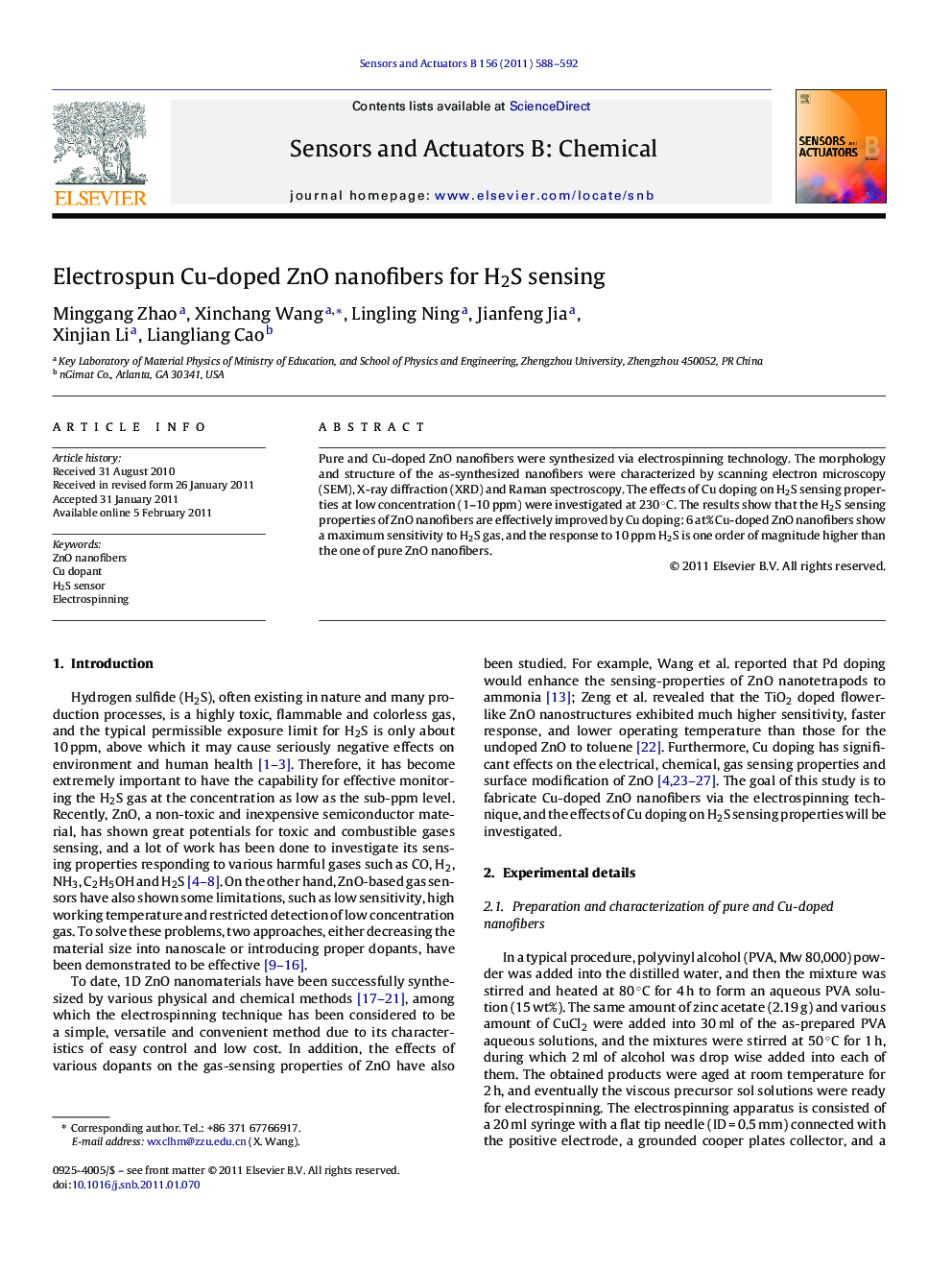 Electrospun Cu-doped ZnO nanofibers for H2S sensing