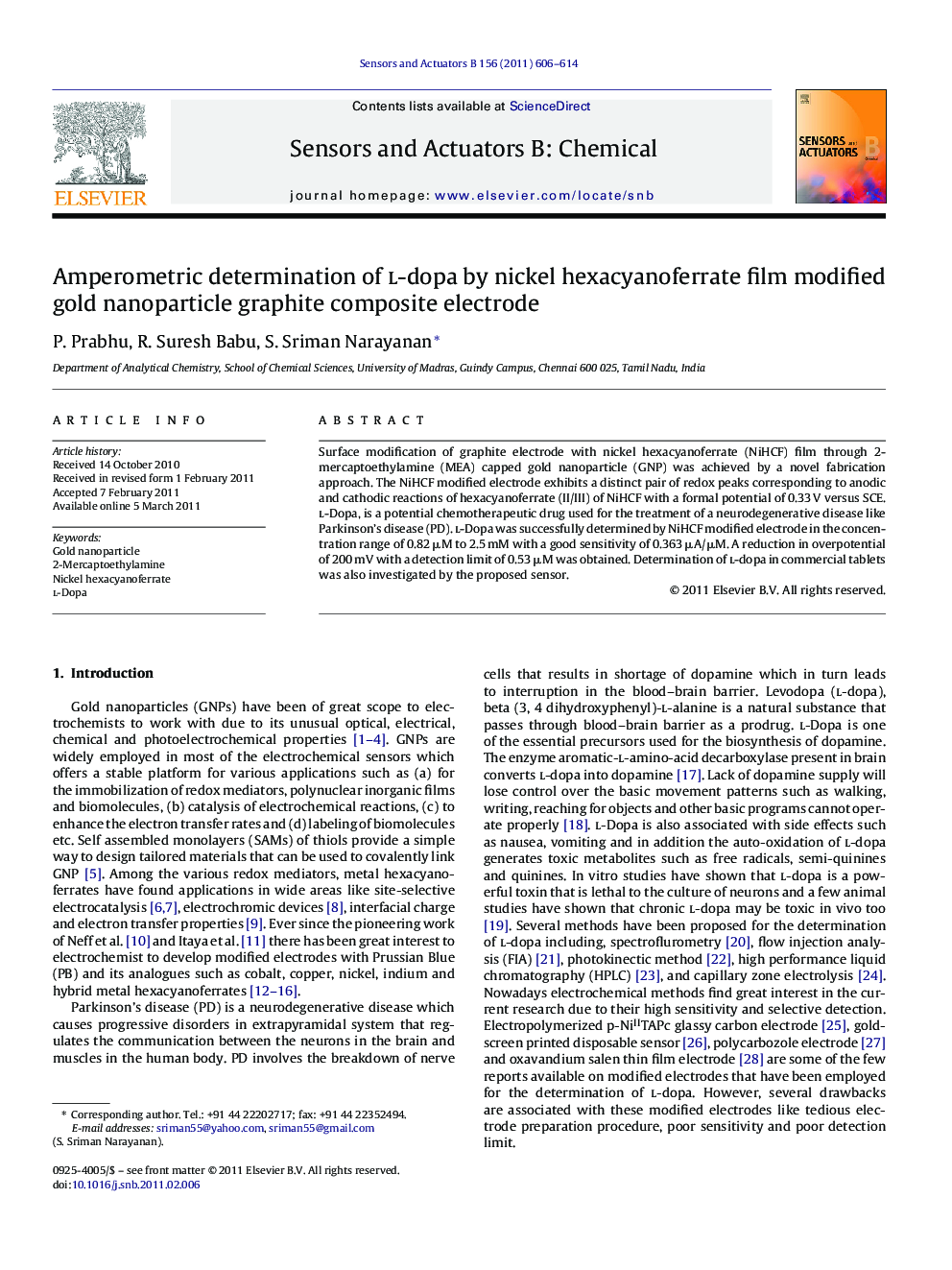 Amperometric determination of l-dopa by nickel hexacyanoferrate film modified gold nanoparticle graphite composite electrode