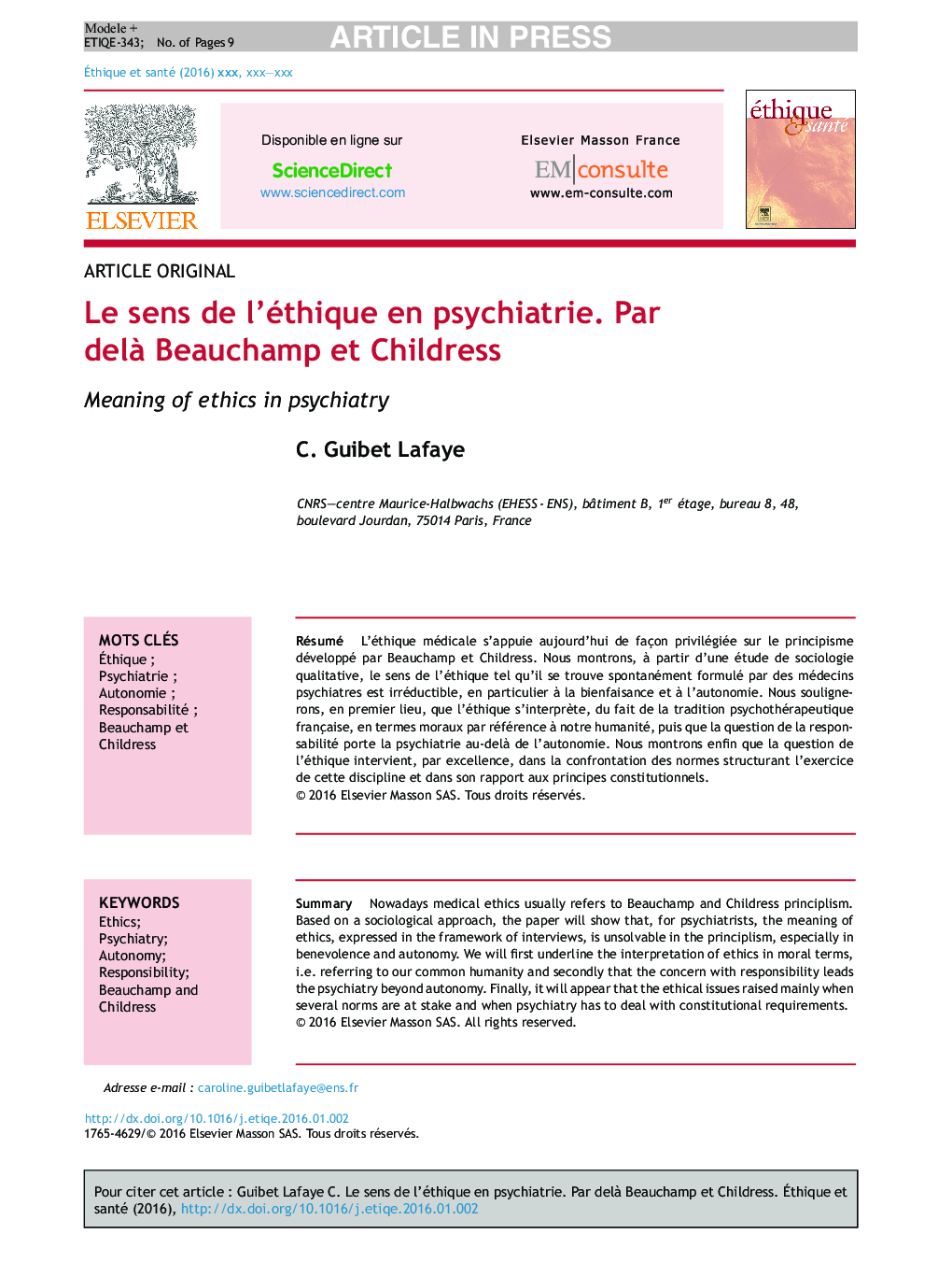 Le sens de l'éthique en psychiatrie. Par delÃ  Beauchamp et Childress