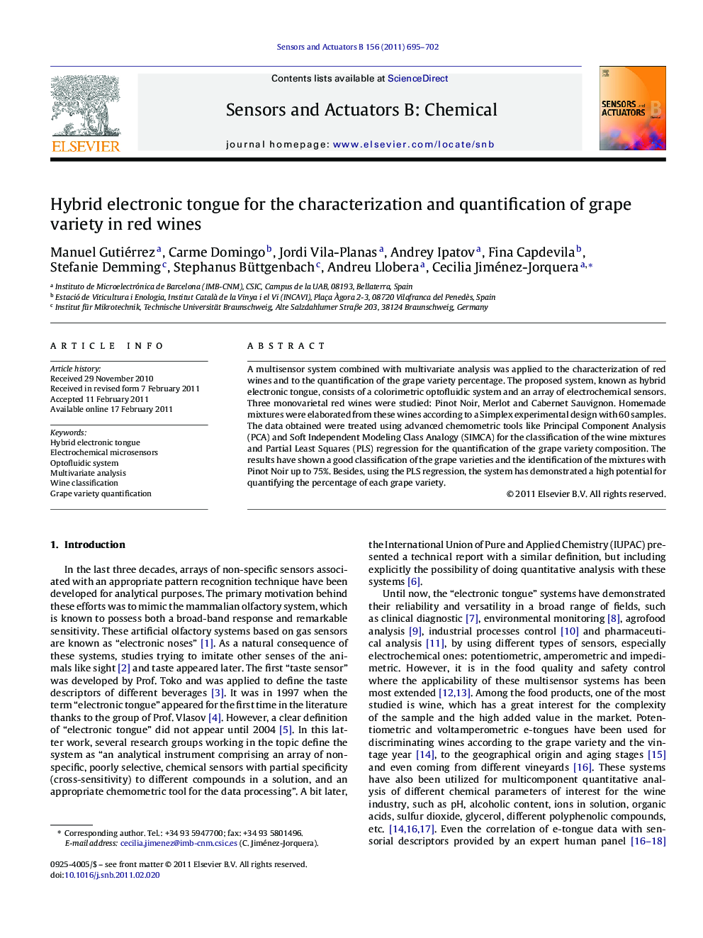 Hybrid electronic tongue for the characterization and quantification of grape variety in red wines