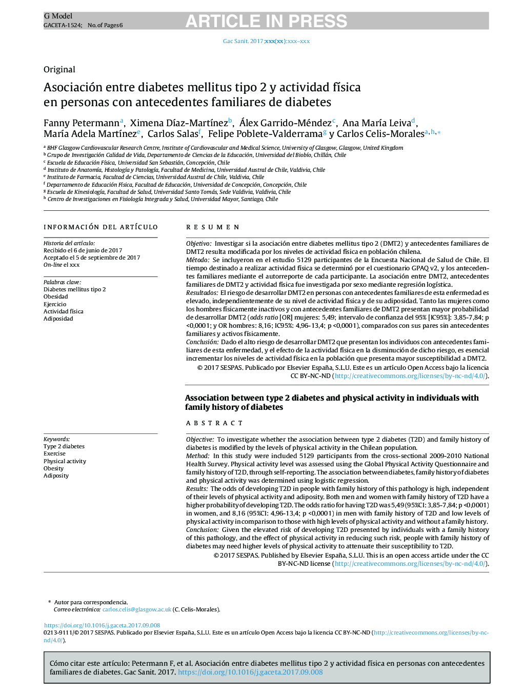 Asociación entre diabetes mellitus tipo 2 y actividad fÃ­sica en personas con antecedentes familiares de diabetes