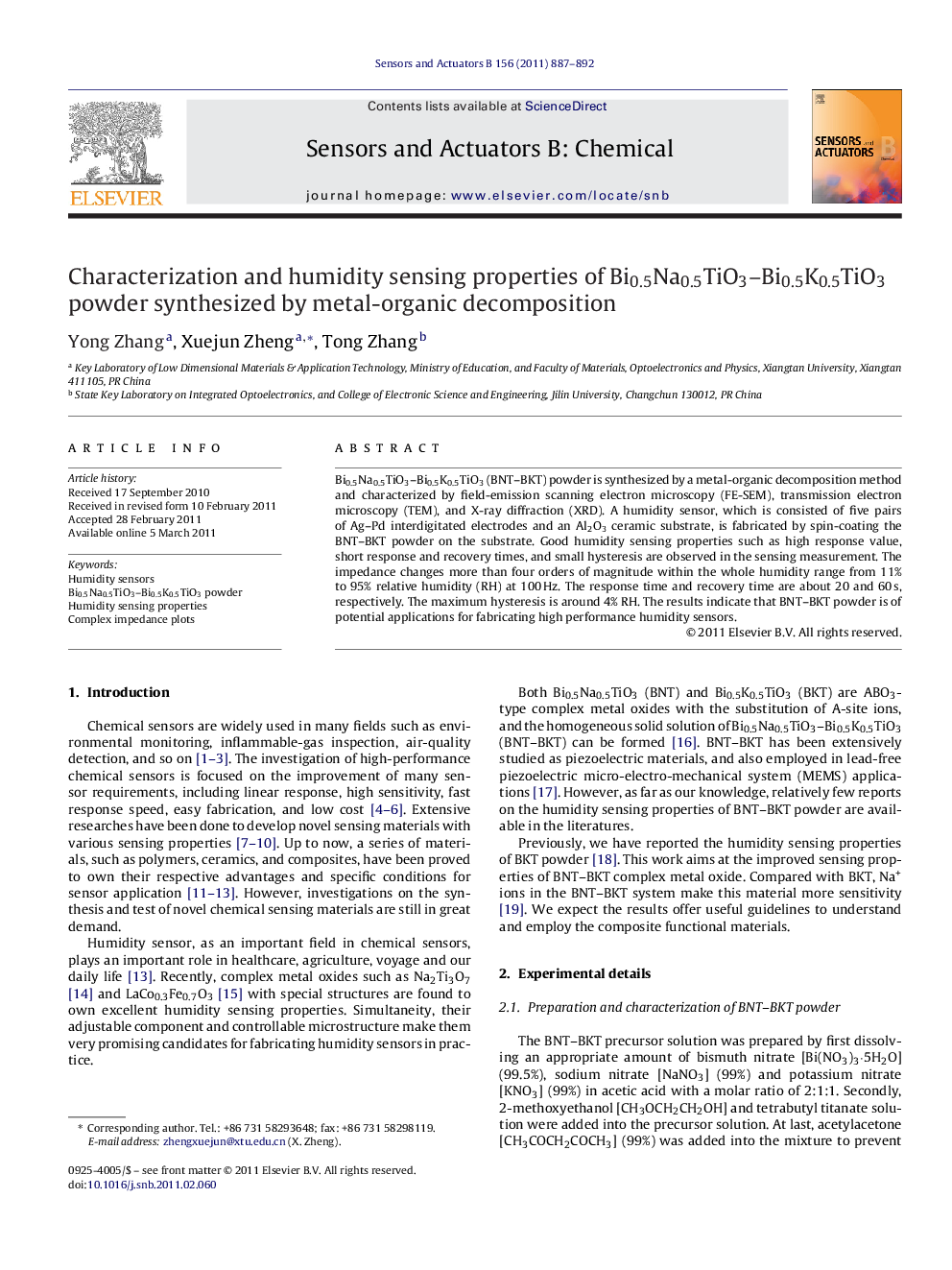 Characterization and humidity sensing properties of Bi0.5Na0.5TiO3–Bi0.5K0.5TiO3 powder synthesized by metal-organic decomposition