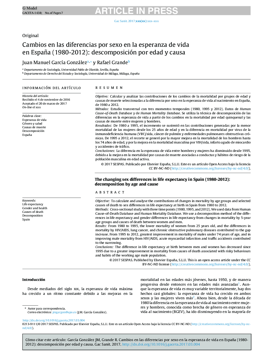 Cambios en las diferencias por sexo en la esperanza de vida en España (1980-2012): descomposición por edad y causa